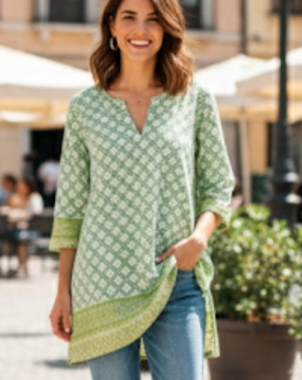 Calypso St. Barth Green Geometric Print 100% Cotton Tunic Top XS